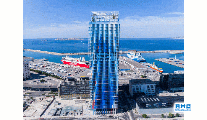 View of the HVAC equipment isolated on Vibrabsorber+Sylomer Spring mounts on the “la Marsellaise” Skyscraper in Marseille. Architect: Jean Nouvel. Acoustic consultant: Avel Acoustique.