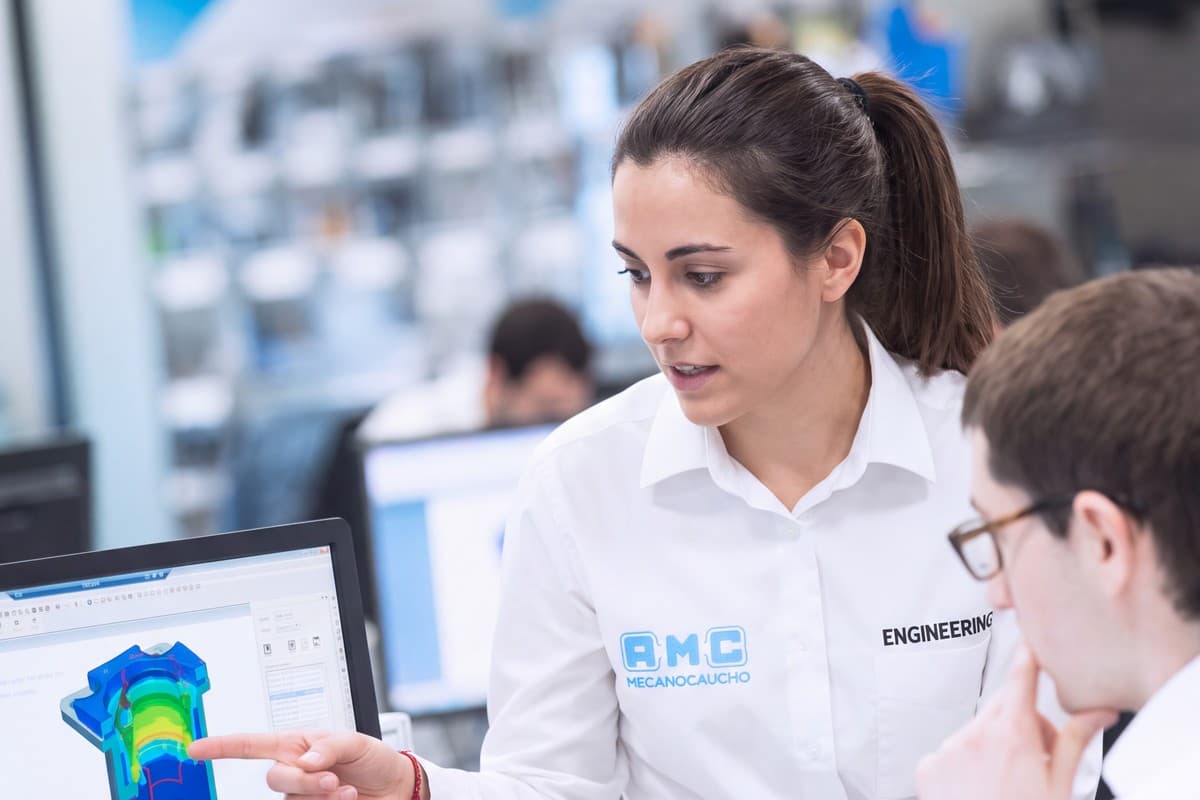 Ingenieros de AMC analizando una simulación por elementos finitos